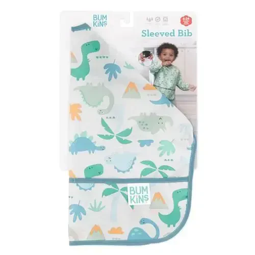 Bumkins Sleeved Bib for Girl or Boy, Baby and Toddler for 6-24 Mos, Essential Must Have for Eating, Feeding, Baby Led Weaning Supplies, Long Sleeve Mess Saving Food Catcher, Fabric, Dinosaur Gray - 6