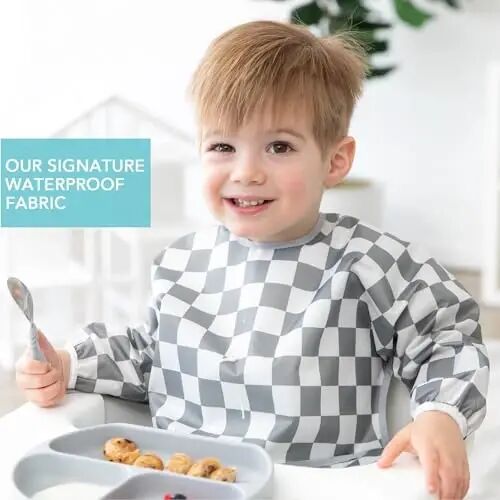 Bumkins Sleeved Bib for Girl or Boy, Baby and Toddler for 6-24 Mos, Essential Must Have for Eating, Feeding, Baby-Led Weaning Supplies, Long Sleeve Mess Saving Food Catcher, Fabric, Gray Check - 2