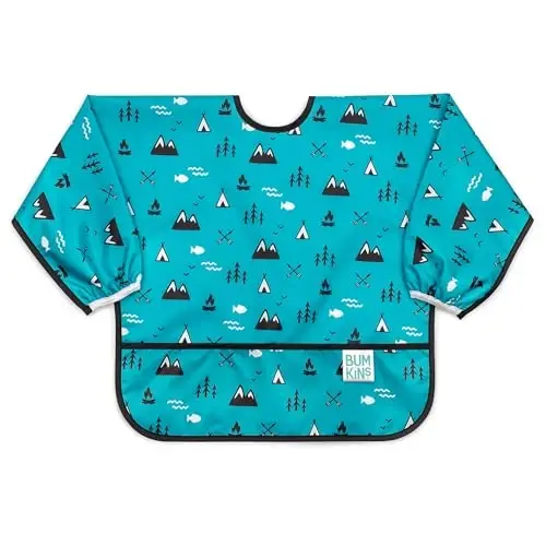 Bumkins Sleeved Bib for Girl or Boy, Baby and Toddler for 6-24 Mos, Essential Must Have for Eating, Feeding, Baby Led Weaning Supplies, Long Sleeve Mess Saving Food Catcher, Fabric, Outdoors Blue 