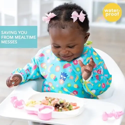 Bumkins Sleeved Bib for Girl or Boy, Baby and Toddler for 6-24 Mos, Essential Must Have for Eating, Feeding, Baby Led Weaning Supplies, Long Sleeve Mess Saving Food Catcher, Hello Kitty and Friends - 2