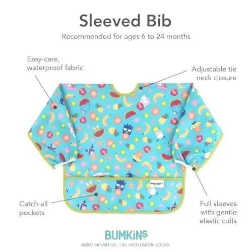 Bumkins Sleeved Bib for Girl or Boy, Baby and Toddler for 6-24 Mos, Essential Must Have for Eating, Feeding, Baby Led Weaning Supplies, Long Sleeve Mess Saving Food Catcher, Hello Kitty and Friends - 5