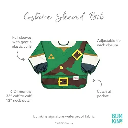 Bumkins Sleeved Bib for Girl or Boy, Baby and Toddler for 6-24 Mos, Essential Must Have for Eating, Feeding, Baby Led Weaning Supplies, Long Sleeve Mess Saving Food Catcher, Nintendo Legend of Zelda - 5