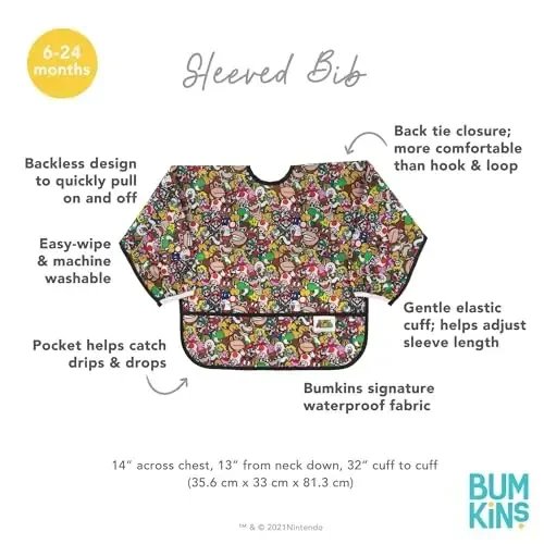 Bumkins Sleeved Bib for Girl or Boy, Baby and Toddler for 6-24 Mos, Essential Must Have for Eating, Feeding, Baby Led Weaning Supplies, Long Sleeve Mess Saving Food Catcher, Nintendo Super Mario - 5