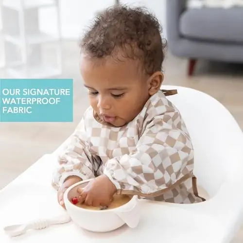 Bumkins Sleeved Bib for Girl or Boy, Baby and Toddler for 6-24 Mos, Essential Must Have for Eating, Feeding, Baby Led Weaning Supplies, Long Sleeve Mess Saving Food Catcher, Soft Fabric, Beige Check - 2