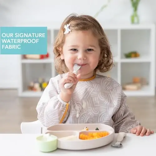 Bumkins Sleeved Bib for Girl or Boy, Baby and Toddler for 6-24 Mos, Essential Must Have for Eating, Feeding, Baby Led Weaning Supplies, Long Sleeve Mess Saving Food Catcher, Soft Fabric, Boho Beige - BUMKINS (1)