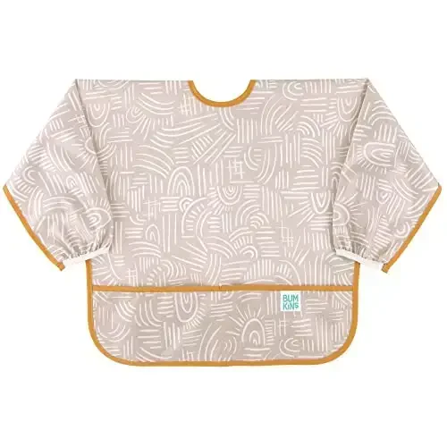 Bumkins Sleeved Bib for Girl or Boy, Baby and Toddler for 6-24 Mos, Essential Must Have for Eating, Feeding, Baby Led Weaning Supplies, Long Sleeve Mess Saving Food Catcher, Soft Fabric, Boho Beige 