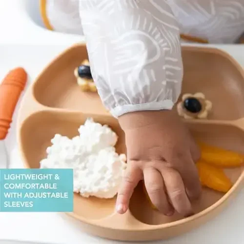 Bumkins Sleeved Bib for Girl or Boy, Baby and Toddler for 6-24 Mos, Essential Must Have for Eating, Feeding, Baby Led Weaning Supplies, Long Sleeve Mess Saving Food Catcher, Soft Fabric, Boho Beige - 4