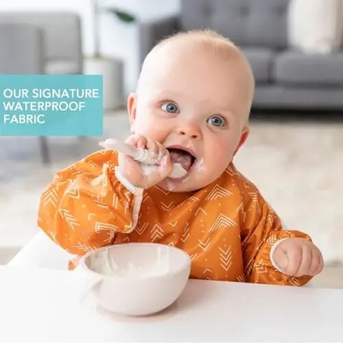 Bumkins Sleeved Bib for Girl or Boy, Baby and Toddler for 6-24 Mos, Essential Must Have for Eating, Feeding, Baby Led Weaning Supplies, Long Sleeve Mess Saving Food Catcher, Soft Fabric, Boho Orange - 3