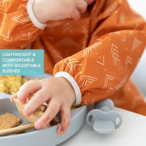 Bumkins Sleeved Bib for Girl or Boy, Baby and Toddler for 6-24 Mos, Essential Must Have for Eating, Feeding, Baby Led Weaning Supplies, Long Sleeve Mess Saving Food Catcher, Soft Fabric, Boho Orange - 4