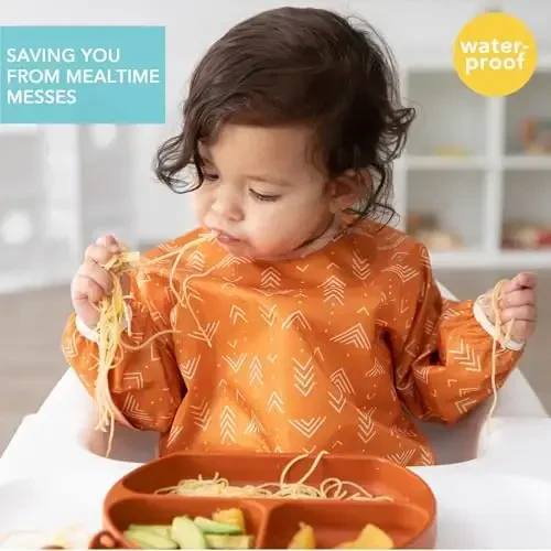 Bumkins Sleeved Bib for Girl or Boy, Baby and Toddler for 6-24 Mos, Essential Must Have for Eating, Feeding, Baby Led Weaning Supplies, Long Sleeve Mess Saving Food Catcher, Soft Fabric, Boho Orange - 2