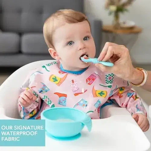 Bumkins Sleeved Bib for Girl or Boy Baby and Toddler for 6-24 Mos, Essential Must Have for Eating, Feeding, Baby Led Weaning Supplies, Long Sleeve Mess Saving Food Catcher, Soft Fabric, Cowgirl Boots - 3