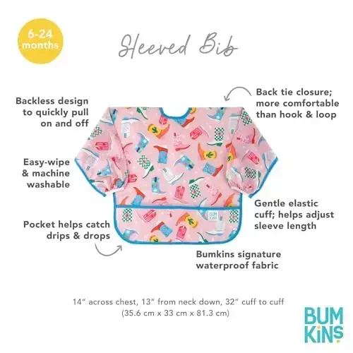 Bumkins Sleeved Bib for Girl or Boy Baby and Toddler for 6-24 Mos, Essential Must Have for Eating, Feeding, Baby Led Weaning Supplies, Long Sleeve Mess Saving Food Catcher, Soft Fabric, Cowgirl Boots - 5