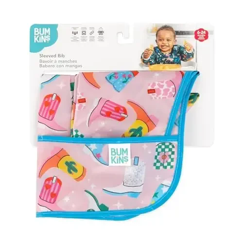 Bumkins Sleeved Bib for Girl or Boy Baby and Toddler for 6-24 Mos, Essential Must Have for Eating, Feeding, Baby Led Weaning Supplies, Long Sleeve Mess Saving Food Catcher, Soft Fabric, Cowgirl Boots - 6