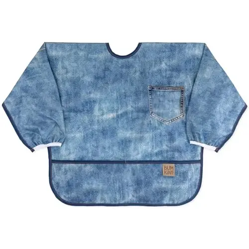 Bumkins Sleeved Bib for Girl or Boy, Baby and Toddler for 6-24 Mos, Essential Must Have for Eating, Feeding, Baby Led Weaning Supplies, Long Sleeve Mess Saving Food Catcher, Soft Fabric, Faux Denim - 1
