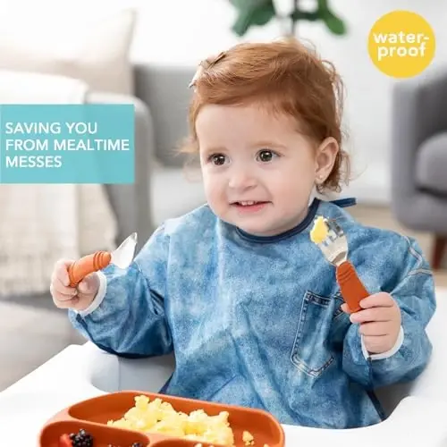 Bumkins Sleeved Bib for Girl or Boy, Baby and Toddler for 6-24 Mos, Essential Must Have for Eating, Feeding, Baby Led Weaning Supplies, Long Sleeve Mess Saving Food Catcher, Soft Fabric, Faux Denim - BUMKINS (1)