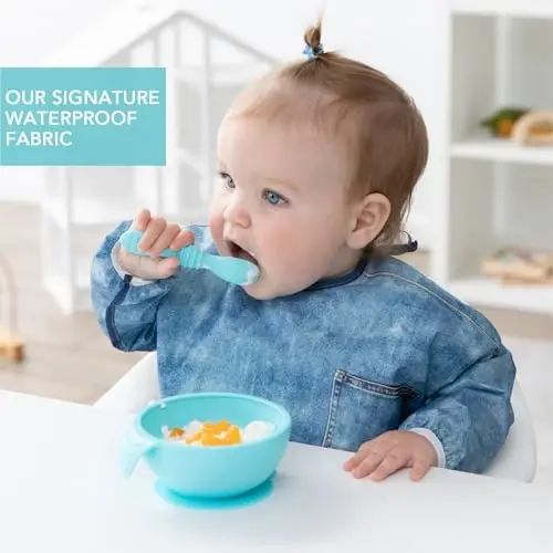Bumkins Sleeved Bib for Girl or Boy, Baby and Toddler for 6-24 Mos, Essential Must Have for Eating, Feeding, Baby Led Weaning Supplies, Long Sleeve Mess Saving Food Catcher, Soft Fabric, Faux Denim - 3