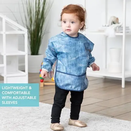 Bumkins Sleeved Bib for Girl or Boy, Baby and Toddler for 6-24 Mos, Essential Must Have for Eating, Feeding, Baby Led Weaning Supplies, Long Sleeve Mess Saving Food Catcher, Soft Fabric, Faux Denim - 4