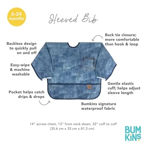 Bumkins Sleeved Bib for Girl or Boy, Baby and Toddler for 6-24 Mos, Essential Must Have for Eating, Feeding, Baby Led Weaning Supplies, Long Sleeve Mess Saving Food Catcher, Soft Fabric, Faux Denim - 5