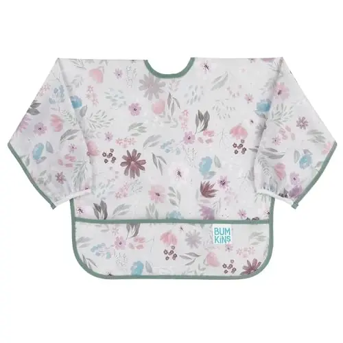 Bumkins Sleeved Bib for Girl or Boy, Baby and Toddler for 6-24 Mos, Essential Must Have for Eating, Feeding, Baby Led Weaning Supplies, Long Sleeve Mess Saving Food Catcher, Soft Fabric, Floral Gray 