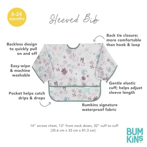 Bumkins Sleeved Bib for Girl or Boy, Baby and Toddler for 6-24 Mos, Essential Must Have for Eating, Feeding, Baby Led Weaning Supplies, Long Sleeve Mess Saving Food Catcher, Soft Fabric, Floral Gray - 5