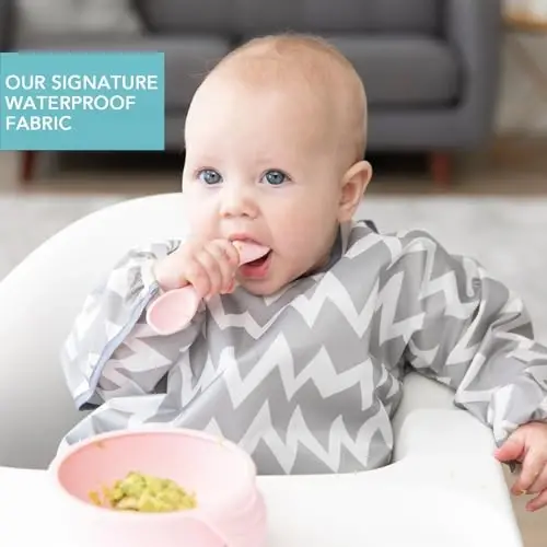 Bumkins Sleeved Bib for Girl or Boy, Baby and Toddler for 6-24 Mos, Essential Must Have for Eating, Feeding, Baby Led Weaning Supplies, Long Sleeve Mess Saving Food Catcher, Soft Fabric, Gray Chevron - 2