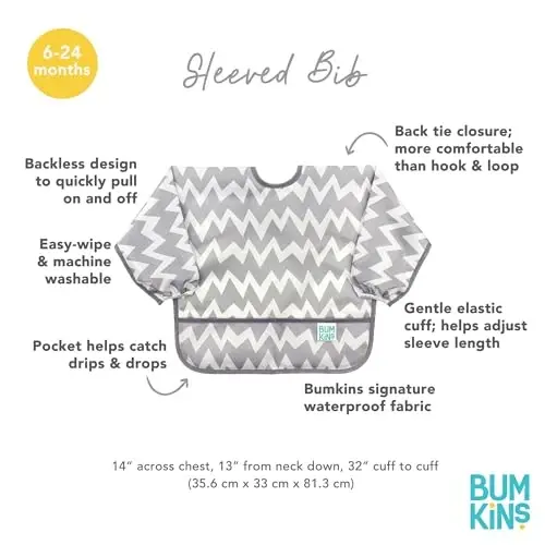 Bumkins Sleeved Bib for Girl or Boy, Baby and Toddler for 6-24 Mos, Essential Must Have for Eating, Feeding, Baby Led Weaning Supplies, Long Sleeve Mess Saving Food Catcher, Soft Fabric, Gray Chevron - 4