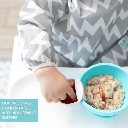 Bumkins Sleeved Bib for Girl or Boy, Baby and Toddler for 6-24 Mos, Essential Must Have for Eating, Feeding, Baby Led Weaning Supplies, Long Sleeve Mess Saving Food Catcher, Soft Fabric, Gray Chevron - 4