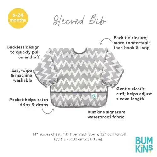 Bumkins Sleeved Bib for Girl or Boy, Baby and Toddler for 6-24 Mos, Essential Must Have for Eating, Feeding, Baby Led Weaning Supplies, Long Sleeve Mess Saving Food Catcher, Soft Fabric, Gray Chevron - 5