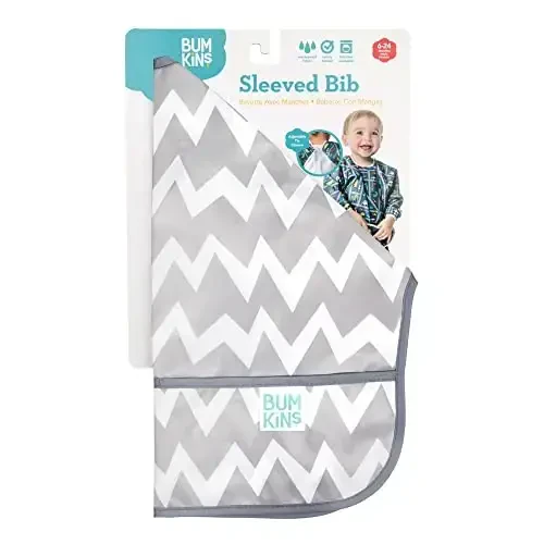 Bumkins Sleeved Bib for Girl or Boy, Baby and Toddler for 6-24 Mos, Essential Must Have for Eating, Feeding, Baby Led Weaning Supplies, Long Sleeve Mess Saving Food Catcher, Soft Fabric, Gray Chevron - 6