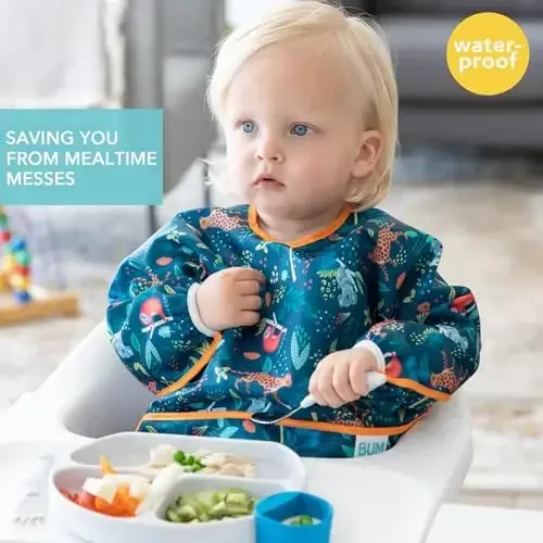 Bumkins Sleeved Bib for Girl or Boy, Baby and Toddler for 6-24 Mos, Essential Must Have for Eating, Feeding, Baby Led Weaning Supplies, Long Sleeve Mess Saving Food Catcher, Soft Fabric, Jungle - 2