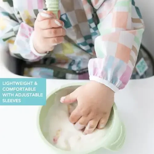Bumkins Sleeved Bib for Girl or Boy, Baby and Toddler for 6-24 Mos, Essential Must Have for Eating, Feeding, Baby Led Weaning Supplies, Long Sleeve Mess Saving Food Catcher, Soft Fabric, Multi Check - BUMKINS (1)