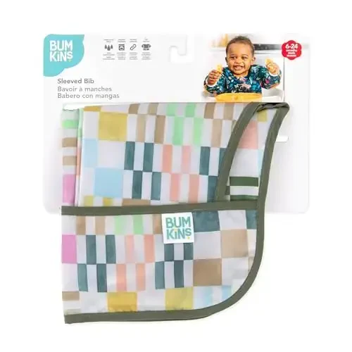 Bumkins Sleeved Bib for Girl or Boy, Baby and Toddler for 6-24 Mos, Essential Must Have for Eating, Feeding, Baby Led Weaning Supplies, Long Sleeve Mess Saving Food Catcher, Soft Fabric, Multi Check - 4