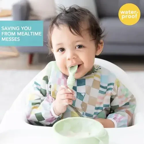 Bumkins Sleeved Bib for Girl or Boy, Baby and Toddler for 6-24 Mos, Essential Must Have for Eating, Feeding, Baby Led Weaning Supplies, Long Sleeve Mess Saving Food Catcher, Soft Fabric, Multi Check - 5