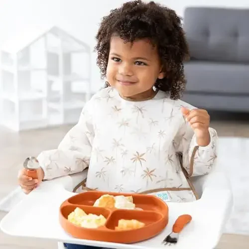 Bumkins Sleeved Bib for Girl or Boy, Baby and Toddler for 6-24 Mos, Essential Must Have for Eating, Feeding, Baby Led Weaning Supplies, Long Sleeve Mess Saving Food Catcher, Soft Fabric, Palm Trees - MODAZONE (1)