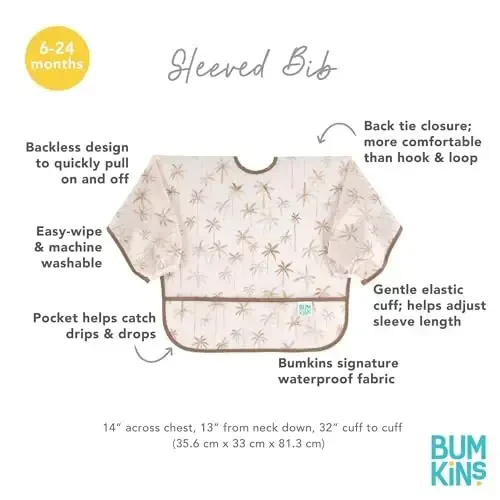 Bumkins Sleeved Bib for Girl or Boy, Baby and Toddler for 6-24 Mos, Essential Must Have for Eating, Feeding, Baby Led Weaning Supplies, Long Sleeve Mess Saving Food Catcher, Soft Fabric, Palm Trees - 4