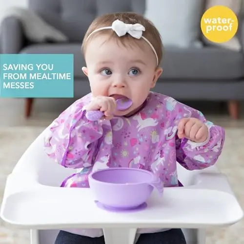 Bumkins Sleeved Bib for Girl or Boy, Baby and Toddler for 6-24 Mos Essential Must Have for Eating, Feeding, Baby-Led Weaning Supplies, Long Sleeve Mess Saving Food Catcher, Soft Fabric, Unicorn Purple - 2
