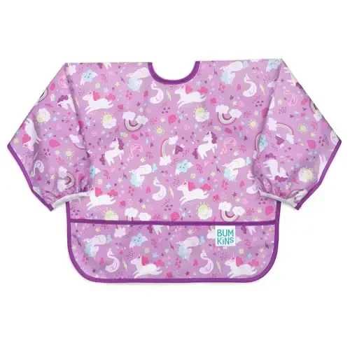 Bumkins Sleeved Bib for Girl or Boy, Baby and Toddler for 6-24 Mos Essential Must Have for Eating, Feeding, Baby-Led Weaning Supplies, Long Sleeve Mess Saving Food Catcher, Soft Fabric, Unicorn Purple - MODAZONE