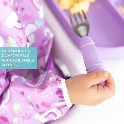 Bumkins Sleeved Bib for Girl or Boy, Baby and Toddler for 6-24 Mos Essential Must Have for Eating, Feeding, Baby-Led Weaning Supplies, Long Sleeve Mess Saving Food Catcher, Soft Fabric, Unicorn Purple - 4