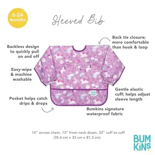 Bumkins Sleeved Bib for Girl or Boy, Baby and Toddler for 6-24 Mos Essential Must Have for Eating, Feeding, Baby-Led Weaning Supplies, Long Sleeve Mess Saving Food Catcher, Soft Fabric, Unicorn Purple - 5