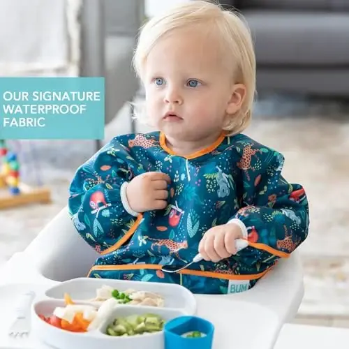 Bumkins - Sleeved Bib - O'g'il bolalar va qizlar uchun, chaqaloqlar va 6-24 oylik bolalar uchun - Yengil, bardoshli, suv o'tkazmaydigan - Uzun yengli bib - Tutqich cho'ntagi - Artib olinadigan va mashinada yuviladigan - Jungle & Ocean - 2 Pack - 3