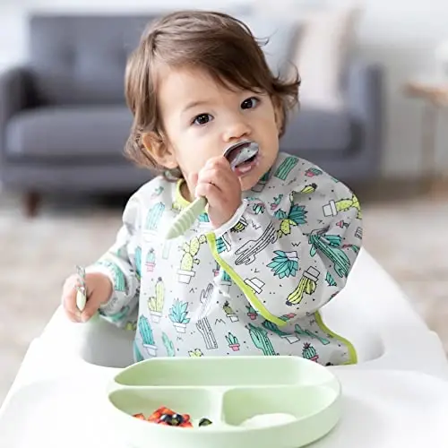 Bumkins - Sleeved Bib - O'g'il bolalar va qizlar uchun, chaqaloqlar va 6-24 oylik bolalar - Yengil, bardoshli, suv o'tkazmaydigan - Uzun yengli bib - Tutqich cho'ntagi - Artib olinadigan va mashinada yuviladigan - Kaktus va Lama - 2 dona - MODAZONE (1)