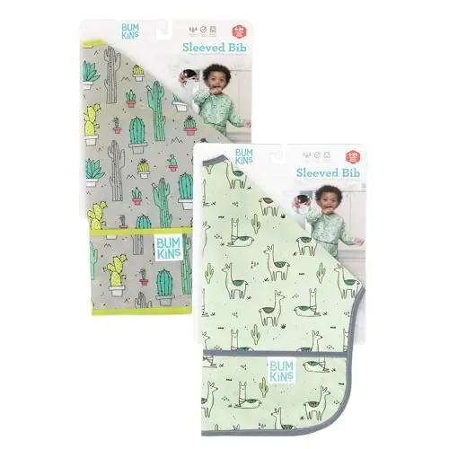 Bumkins - Sleeved Bib - O'g'il bolalar va qizlar uchun, chaqaloqlar va 6-24 oylik bolalar - Yengil, bardoshli, suv o'tkazmaydigan - Uzun yengli bib - Tutqich cho'ntagi - Artib olinadigan va mashinada yuviladigan - Kaktus va Lama - 2 dona - 5