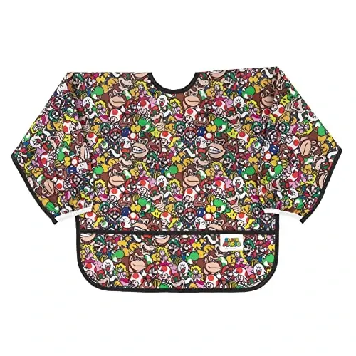Bumkins Sleeved Bib qiz yoki o'g'il bola uchun, chaqaloq va 6-24 oylik bolalar uchun, ovqatlanish, emizish, bolani emizish uchun zarur bo'lgan narsalar, uzun yengli ovqat tutgich, Nintendo Super Mario - MODAZONE