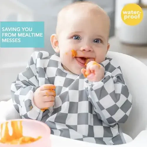 Bumkins - Yengli Bib - O'g'il va qizlar, chaqaloqlar va yosh bolalar uchun 6-24 oy - Yengil, bardoshli, suv o'tkazmaydigan - Uzun yengli Bib - Tutqich cho'ntagi - Artiladigan va mashinada yuviladigan - Bej va kulrang katak - 2 dona - 2