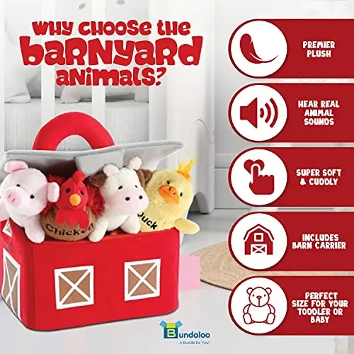 Bundaloo Plush Farm Animal Toys with Realistic Sounds - Plushie Play Set with Barn Carrier - 4