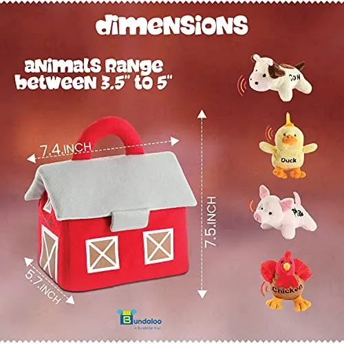 Bundaloo Plush Farm Animal Toys with Realistic Sounds - Plushie Play Set with Barn Carrier - 3