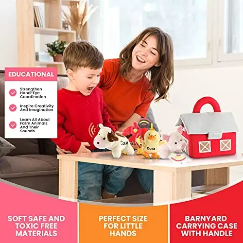 Bundaloo Plush Farm Animal Toys with Realistic Sounds - Plushie Play Set with Barn Carrier - 5