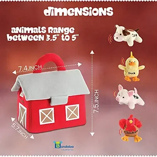 Bundaloo Plush Farm Animal Toys with Realistic Sounds - Plushie Play Set with Barn Carrier - 3