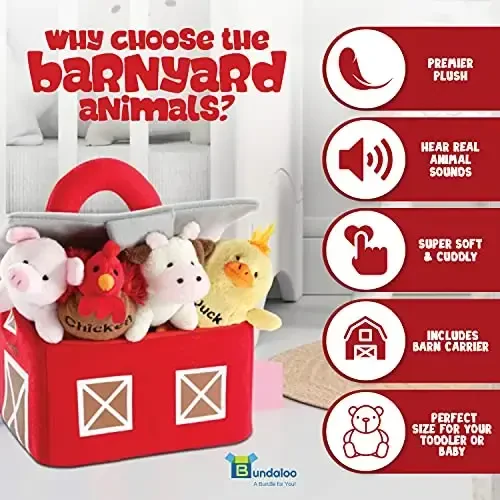Bundaloo Plush Farm Animal Toys with Realistic Sounds - Plushie Play Set with Barn Carrier - 4