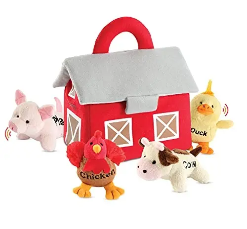 Bundaloo Plush Farm Animal Toys with Realistic Sounds - Plushie Play Set with Barn Carrier - 1